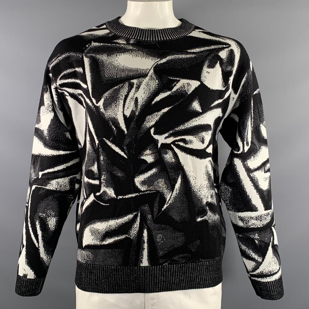AGR Size L Black White & Grey Abstract Merino Wool Ribbed Sweater